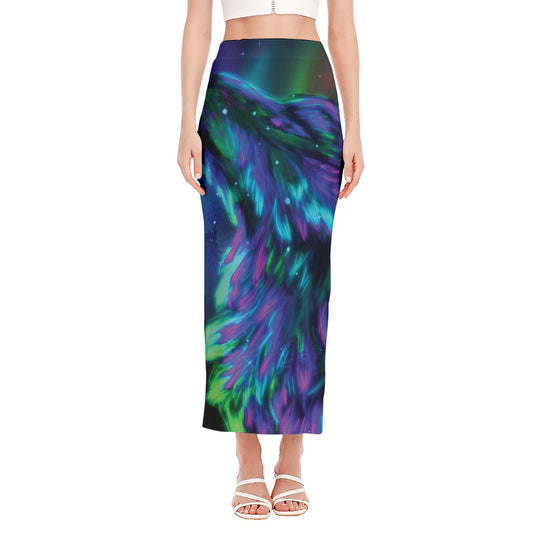Aurora Howling Wolf Spirit Print Side Slit Maxi Skirt