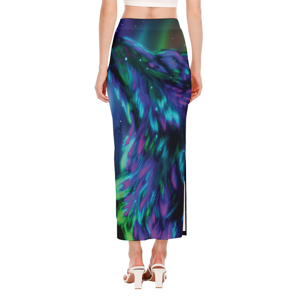 Aurora Howling Wolf Spirit Print Side Slit Maxi Skirt