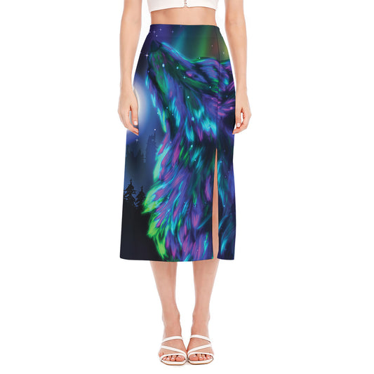 Aurora Howling Wolf Spirit Print Side Slit Midi Skirt
