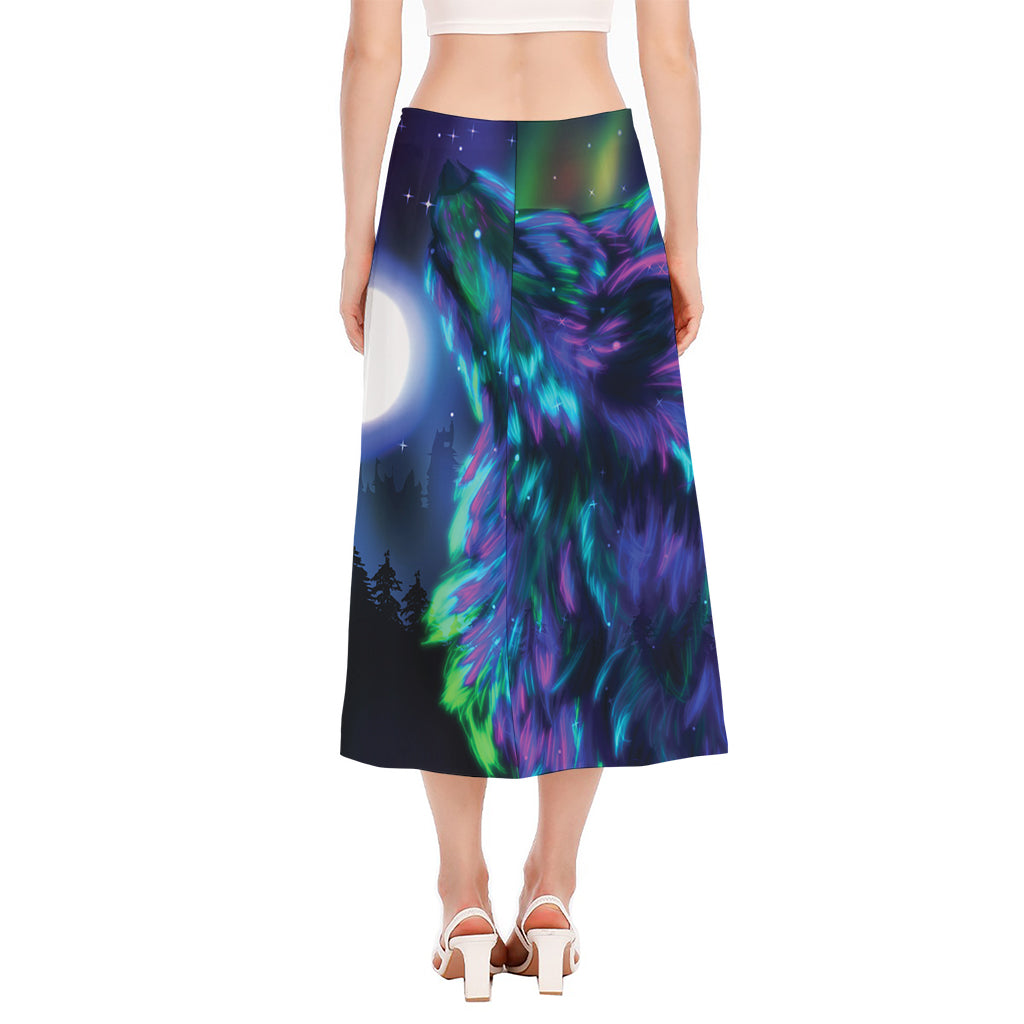 Aurora Howling Wolf Spirit Print Side Slit Midi Skirt