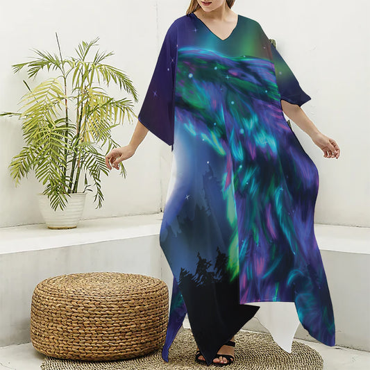 Aurora Howling Wolf Spirit Print Silk V-Neck Kaftan Dress
