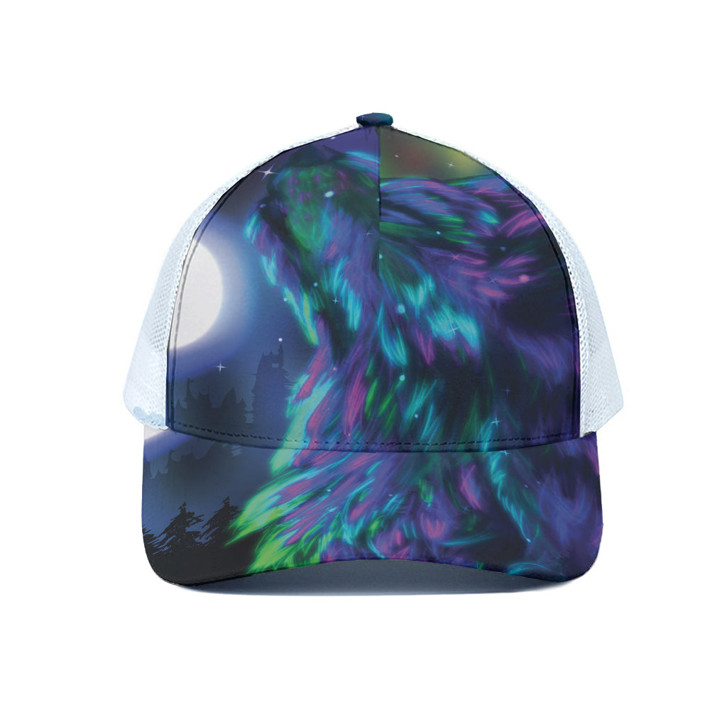 Aurora Howling Wolf Spirit Print White Mesh Trucker Cap