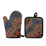 Australia River Aboriginal Dot Print Oven Mitt And Pot Holder Set