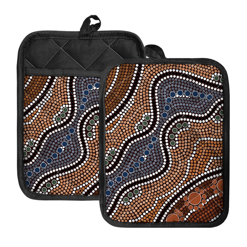 Australia River Aboriginal Dot Print Pot Holders With Pocket
