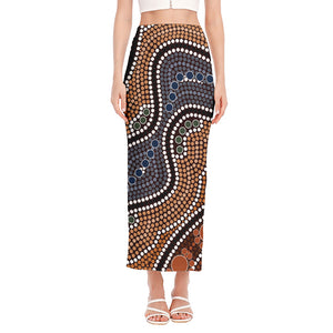 Australia River Aboriginal Dot Print Side Slit Maxi Skirt