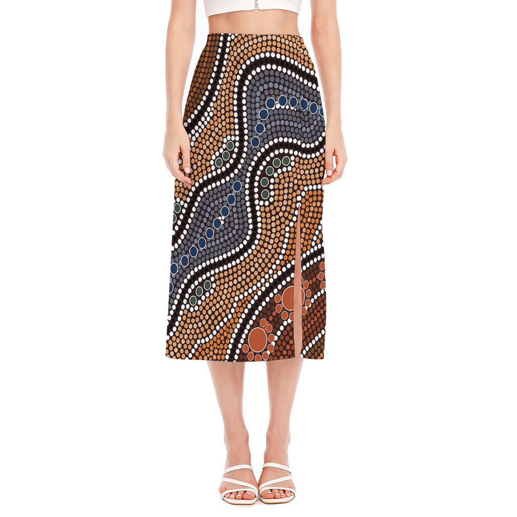 Australia River Aboriginal Dot Print Side Slit Midi Skirt