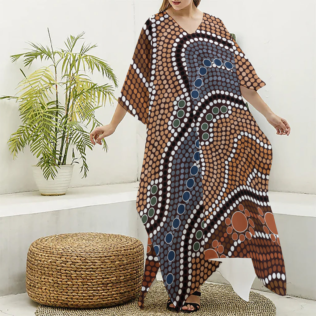 Australia River Aboriginal Dot Print Silk V-Neck Kaftan Dress
