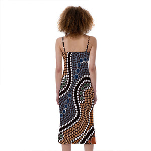 Australia River Aboriginal Dot Print Slim Fit Midi Cami Dress