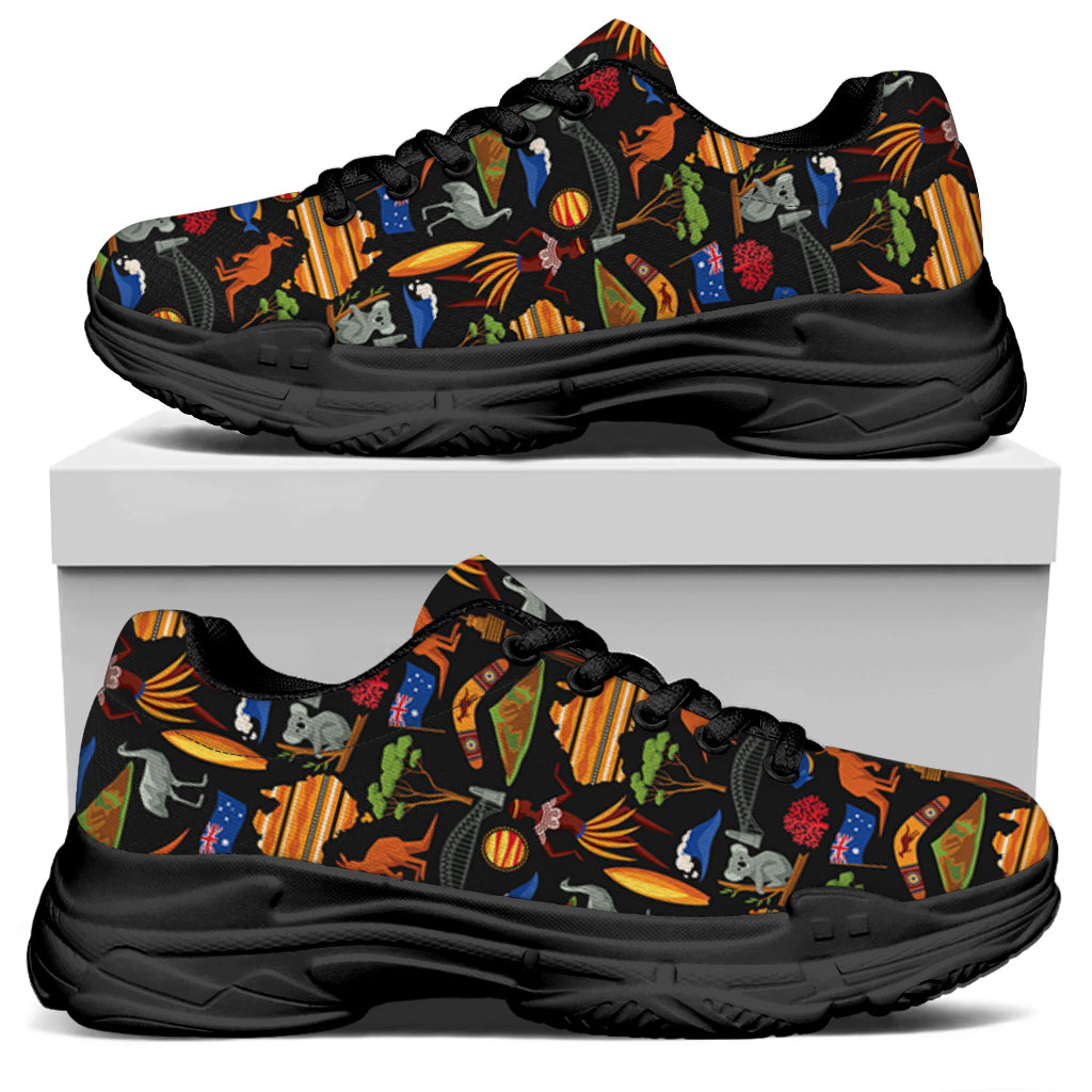 Australia Symbols Pattern Print Black Chunky Shoes