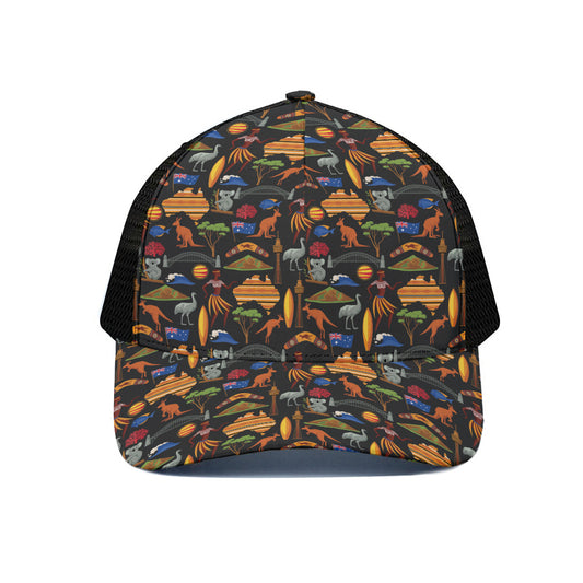 Australia Symbols Pattern Print Black Mesh Trucker Cap