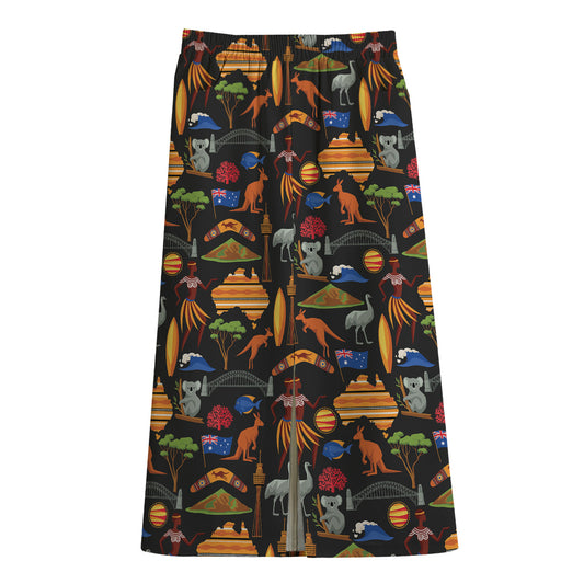 Australia Symbols Pattern Print Cotton Front Slit Maxi Skirt