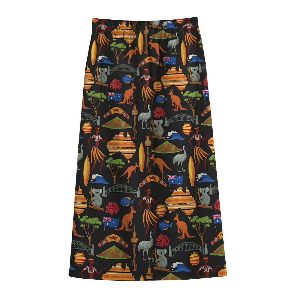 Australia Symbols Pattern Print Cotton Front Slit Maxi Skirt