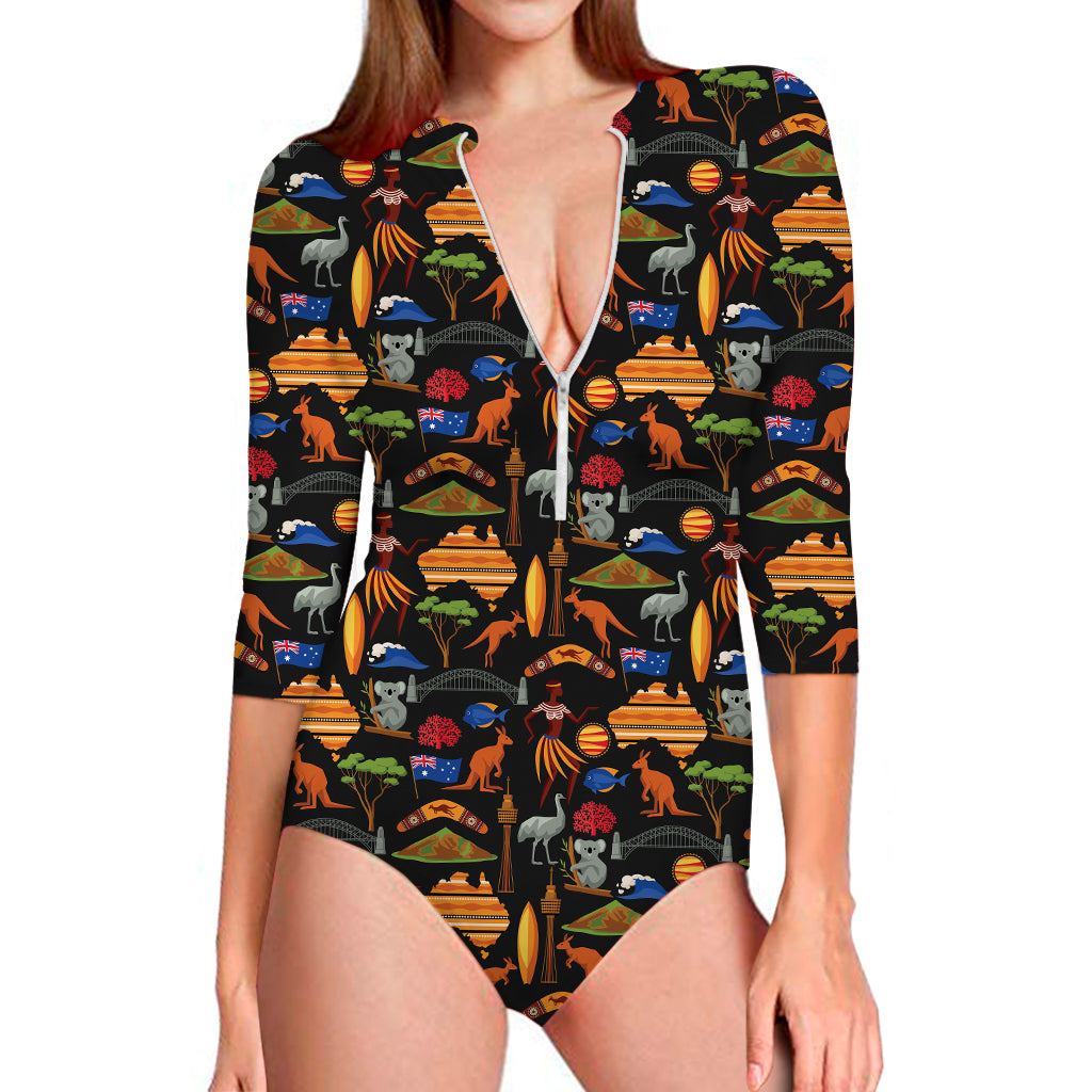 Australia Symbols Pattern Print Long Sleeve Swimsuit