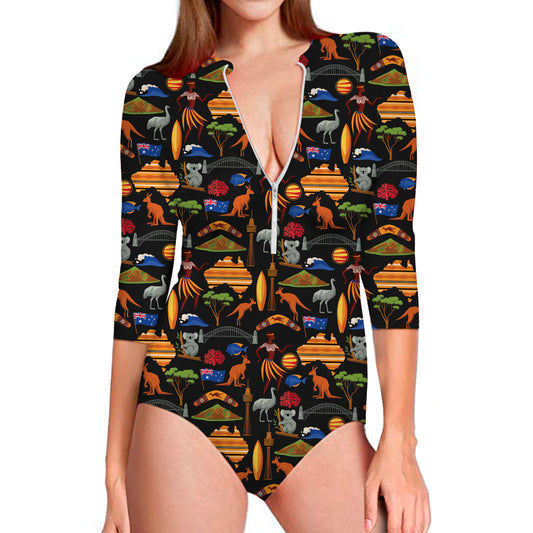 Australia Symbols Pattern Print Long Sleeve Swimsuit