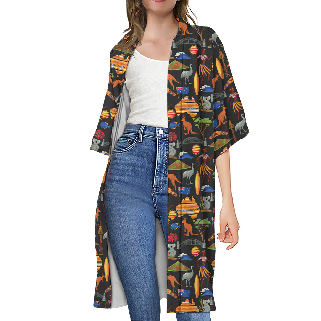 Australia Symbols Pattern Print Open Front Beach Cover Up