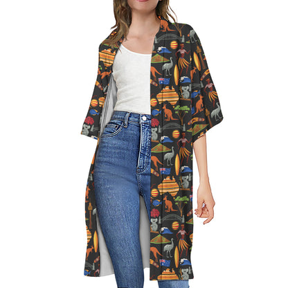Australia Symbols Pattern Print Open Front Beach Cover Up