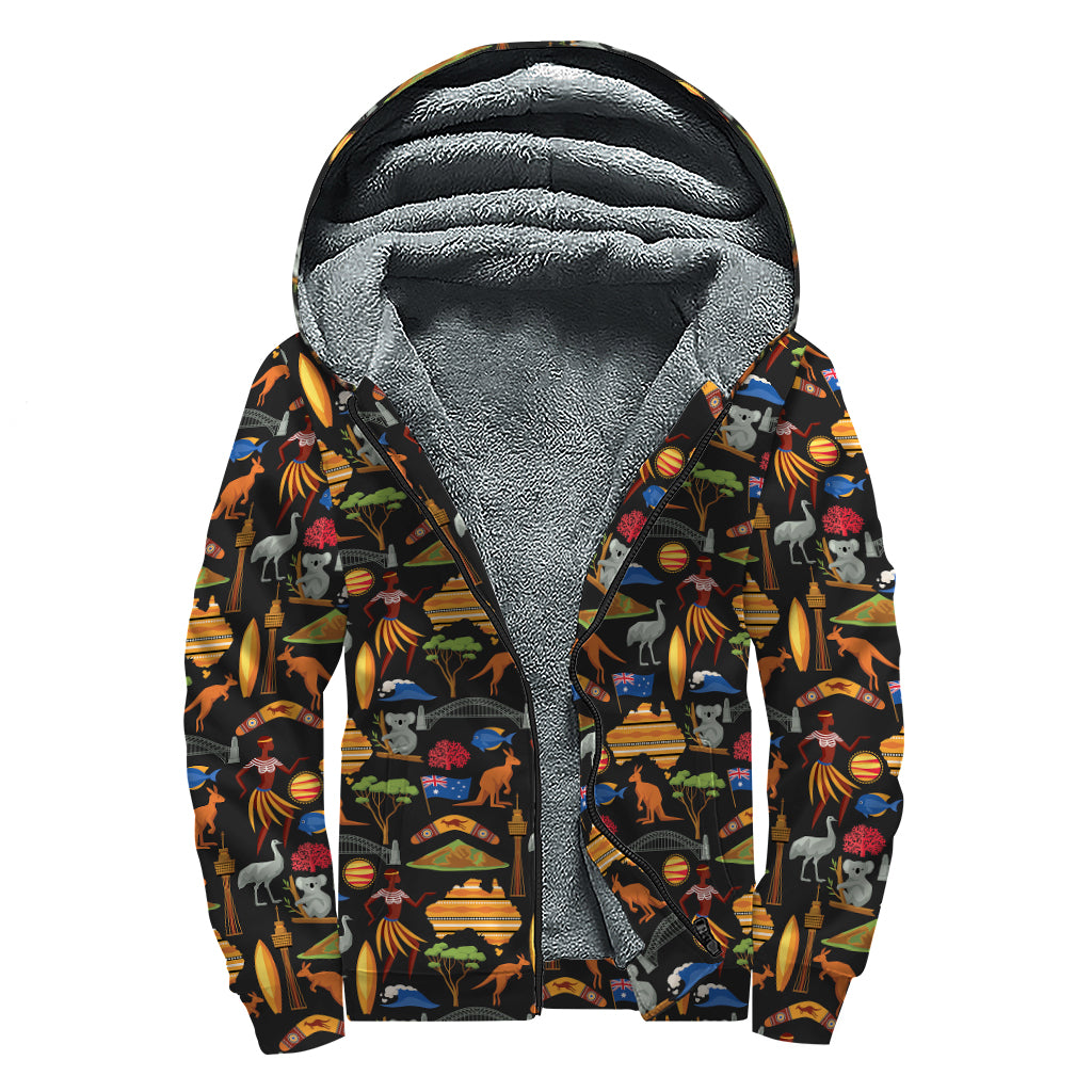 Australia Symbols Pattern Print Sherpa Lined Zip Up Hoodie
