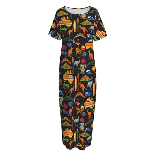 Australia Symbols Pattern Print Short Sleeve Long Nightdress
