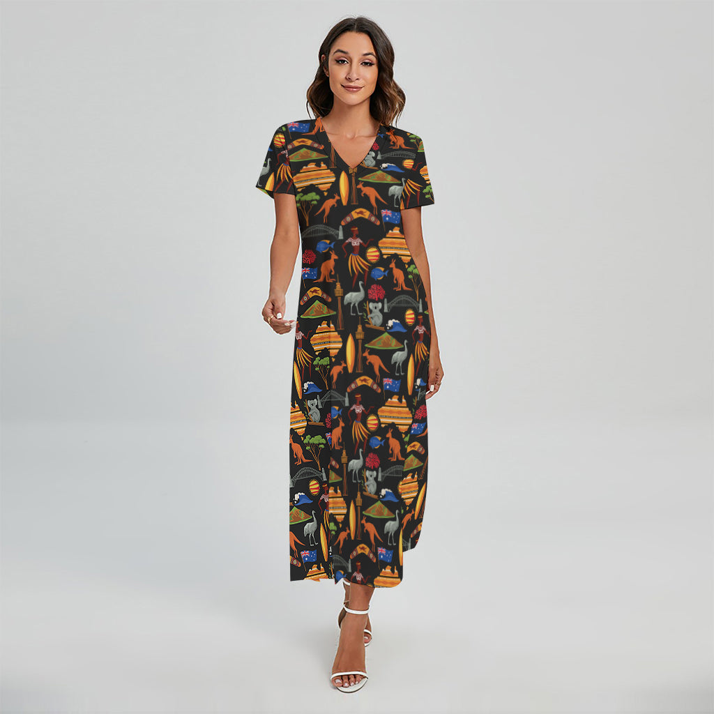 Australia Symbols Pattern Print Short Sleeve Maxi Dress
