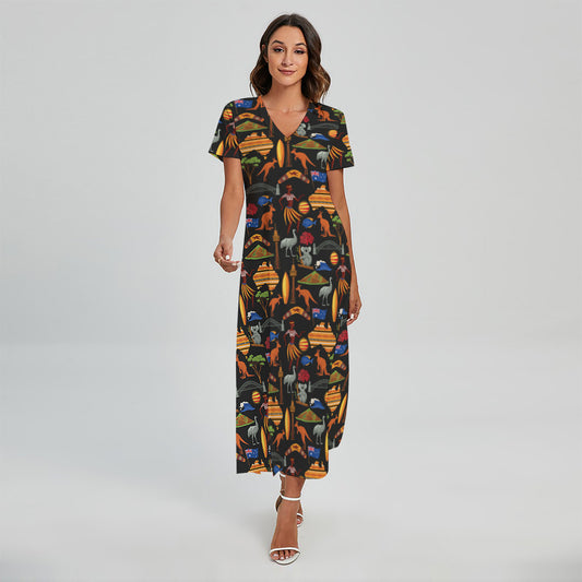 Australia Symbols Pattern Print Short Sleeve Maxi Dress