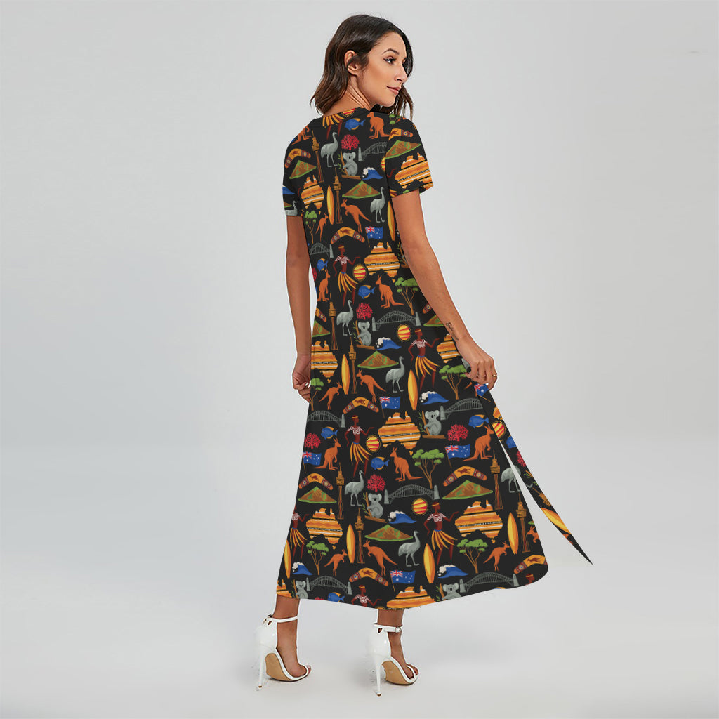 Australia Symbols Pattern Print Short Sleeve Maxi Dress