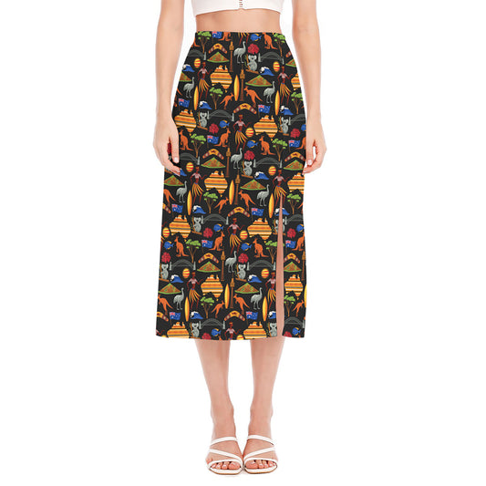 Australia Symbols Pattern Print Side Slit Midi Skirt