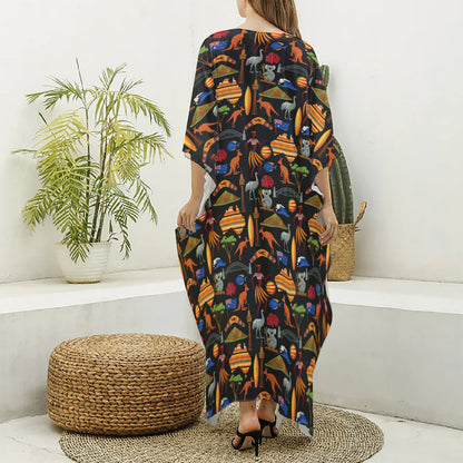 Australia Symbols Pattern Print Silk V-Neck Kaftan Dress