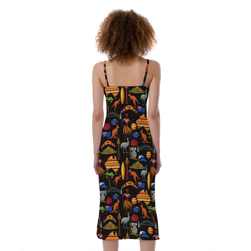Australia Symbols Pattern Print Slim Fit Midi Cami Dress