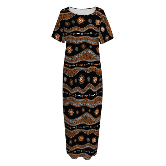 Australian Aboriginal Art Pattern Print Short Sleeve Long Nightdress