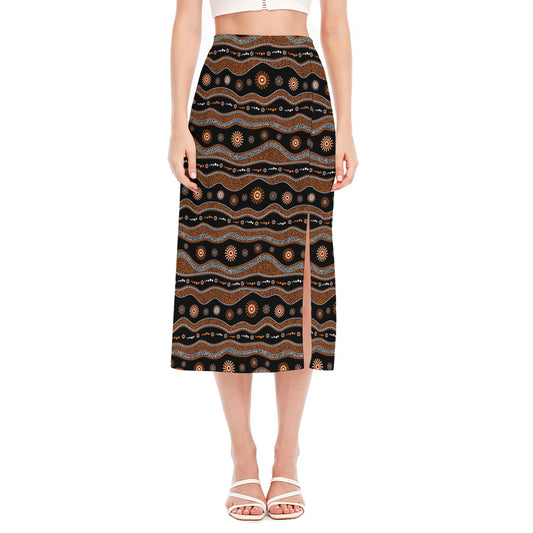Australian Aboriginal Art Pattern Print Side Slit Midi Skirt