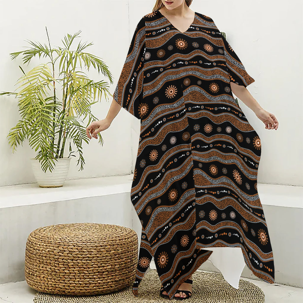 Australian Aboriginal Art Pattern Print Silk V-Neck Kaftan Dress