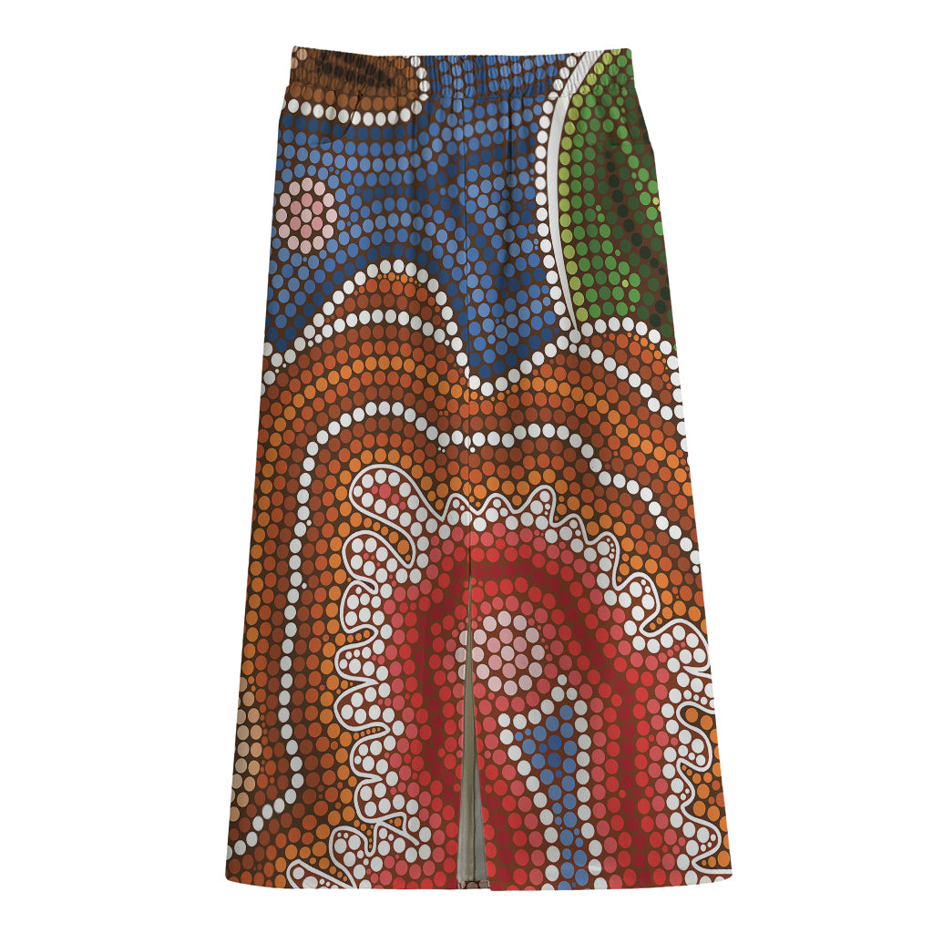 Australian Aboriginal Art Print Cotton Front Slit Maxi Skirt