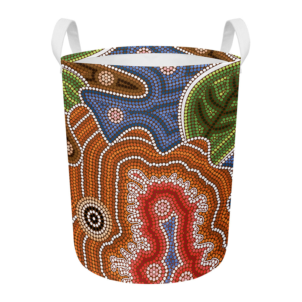 Australian Aboriginal Art Print Round Laundry Basket