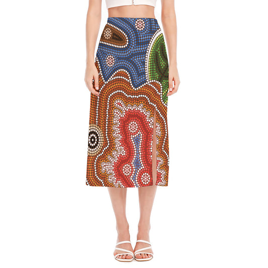 Australian Aboriginal Art Print Side Slit Midi Skirt