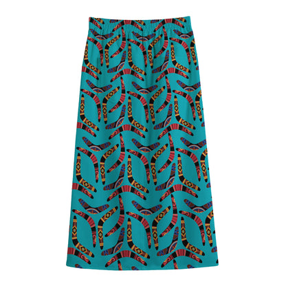 Australian Aboriginal Boomerang Print Cotton Front Slit Maxi Skirt