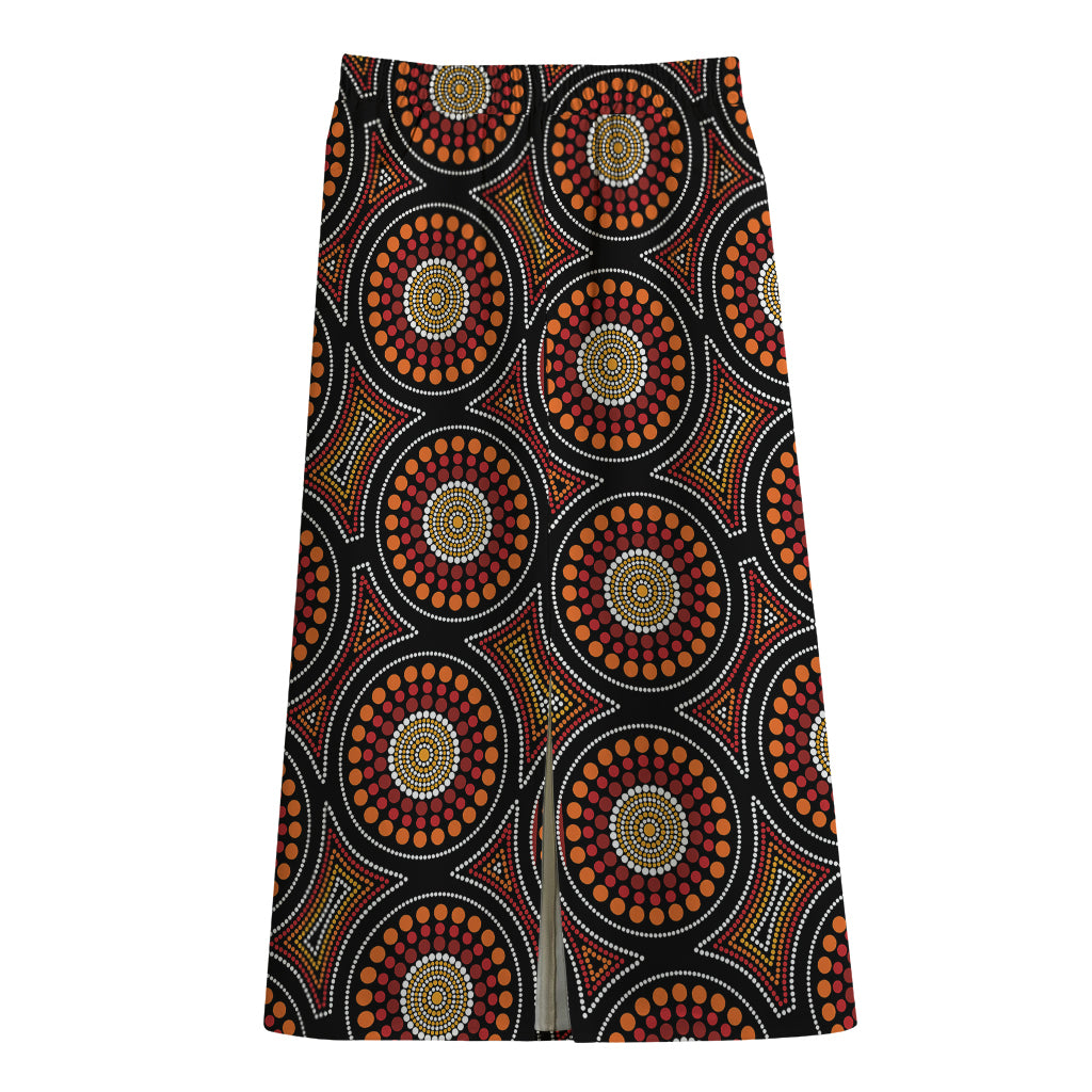 Australian Aboriginal Dot Pattern Print Cotton Front Slit Maxi Skirt