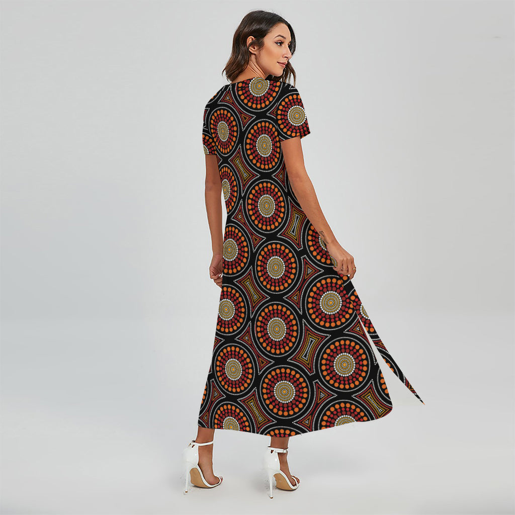 Australian Aboriginal Dot Pattern Print Short Sleeve Maxi Dress