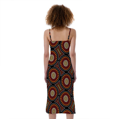 Australian Aboriginal Dot Pattern Print Slim Fit Midi Cami Dress