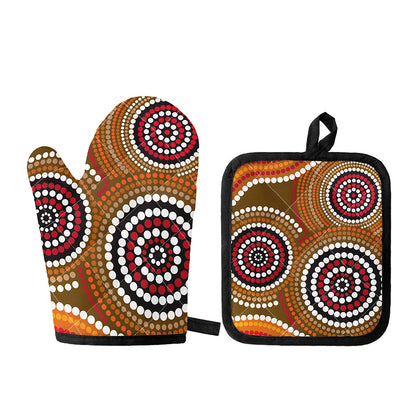 Australian Aboriginal Dot Print Oven Mitt And Pot Holder Set