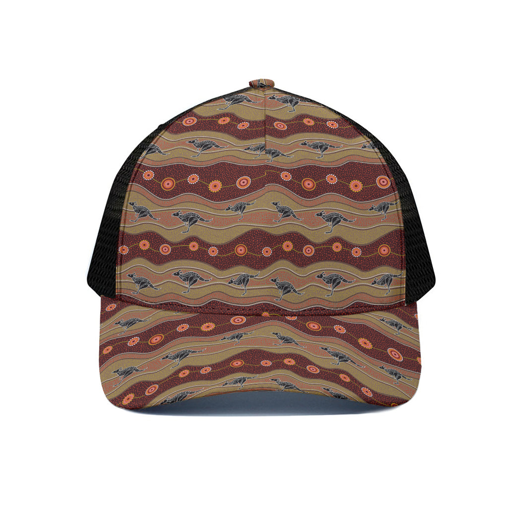 Australian Aboriginal Kangaroo Print Black Mesh Trucker Cap