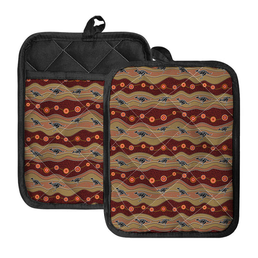 Australian Aboriginal Kangaroo Print Pot Holders With Pocket