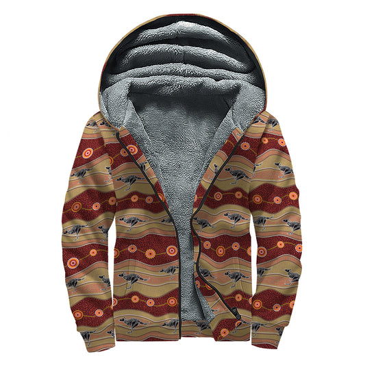 Australian Aboriginal Kangaroo Print Sherpa Lined Zip Up Hoodie