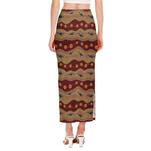 Australian Aboriginal Kangaroo Print Side Slit Maxi Skirt