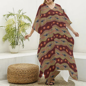 Australian Aboriginal Kangaroo Print Silk V-Neck Kaftan Dress