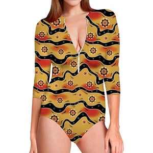 Australian Aboriginal Pattern Print Long Sleeve Swimsuit