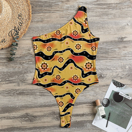 Australian Aboriginal Pattern Print One Shoulder Bodysuit