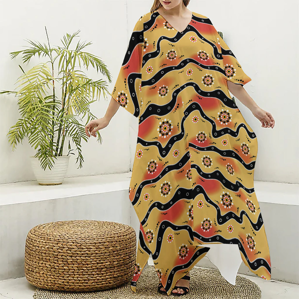 Australian Aboriginal Pattern Print Silk V-Neck Kaftan Dress