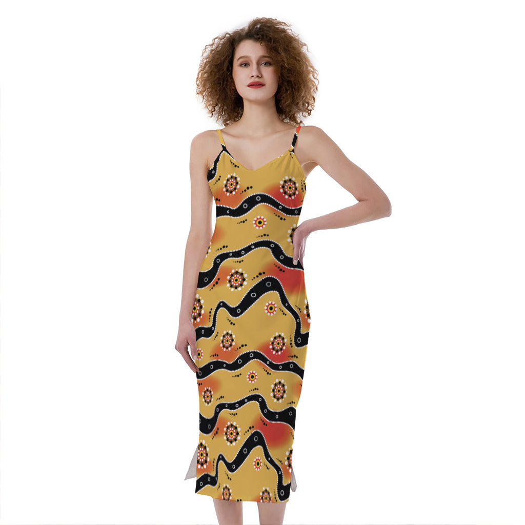 Australian Aboriginal Pattern Print Slim Fit Midi Cami Dress