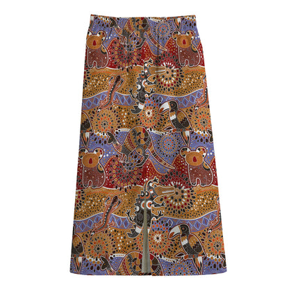 Australian Animals Pattern Print Cotton Front Slit Maxi Skirt