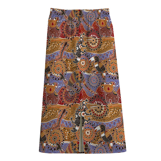 Australian Animals Pattern Print Cotton Front Slit Maxi Skirt